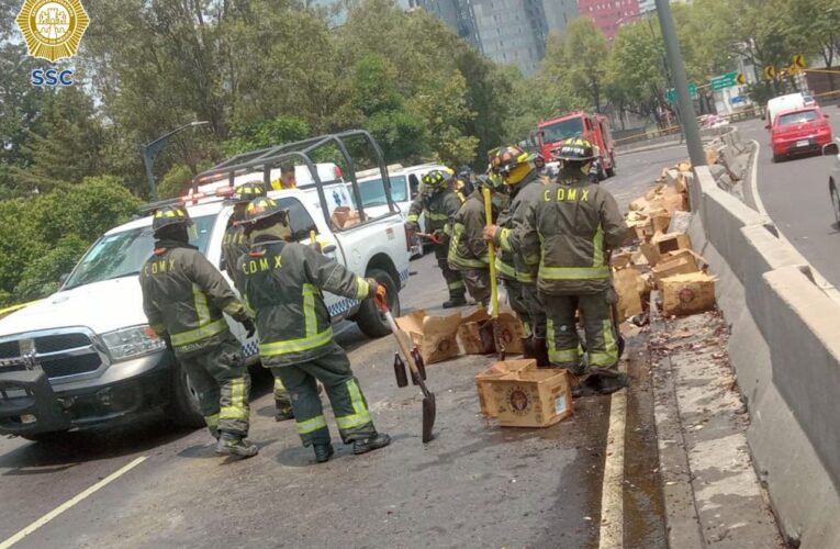 Personal de la SSC apoyó en las maniobras para retirar un tráiler averiado que derramó su carga en la avenida Río San Joaquín