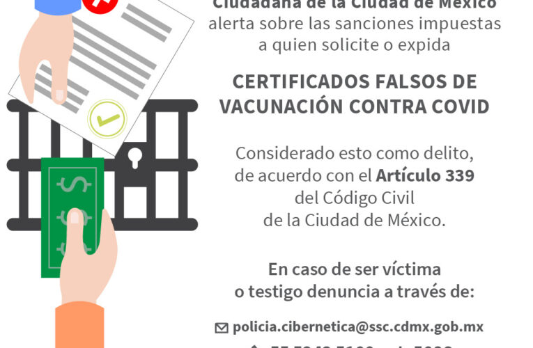 La SSC alerta a ciudadanía sobre las sanciones impuestas a personas que soliciten o expidan certificados de vacunación contra Covid falsos