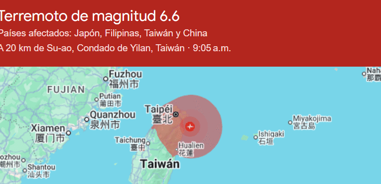 Sismo de 6.6 sacude Taiwán sin víctimas ni daños