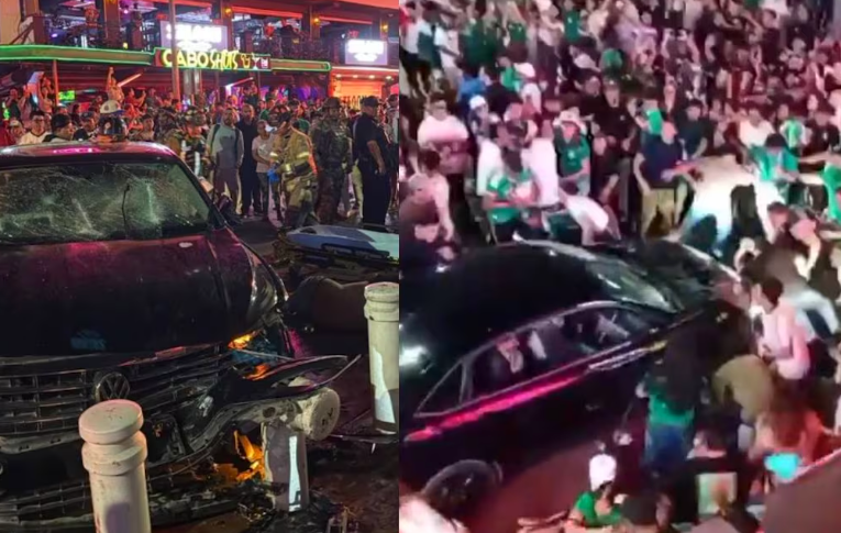 ¡Festejo termina en caos! Automovilista atropella a aficionados del Tri en Cabo San Lucas y es golpeado por la multitud