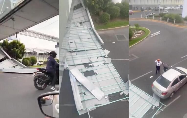 Estructura de puente peatonal colapsa sobre un vehículo en el AICM